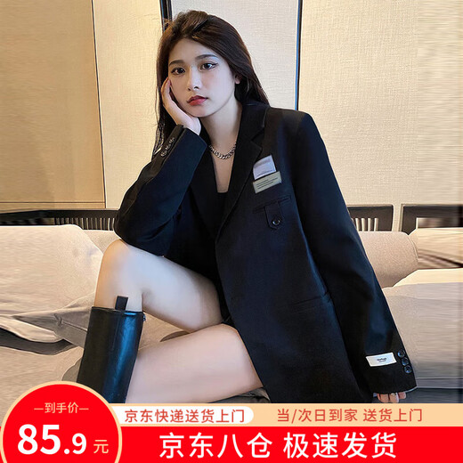 He Jiagong black suit jacket for women 2025 autumn small high-end casual loose Korean style interview suit top black L recommended 105-120 Jin Jin equals 0.5 kg