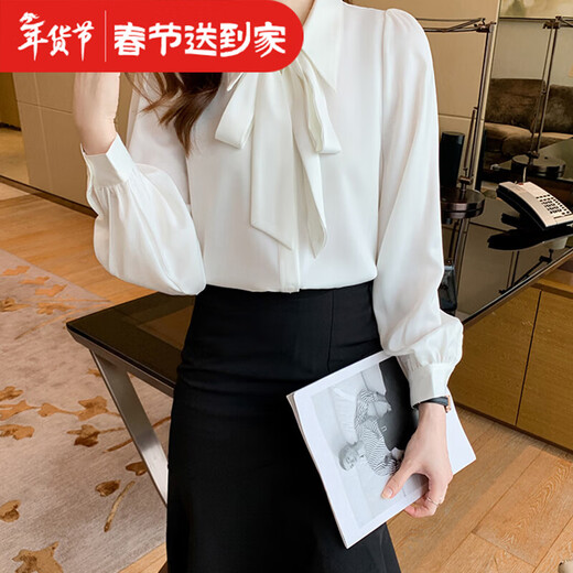 Bo Naling shirt white long sleeve chiffon bow women's professional wear formal white inner top interview suit shirt white bow shirt long sleeve M size