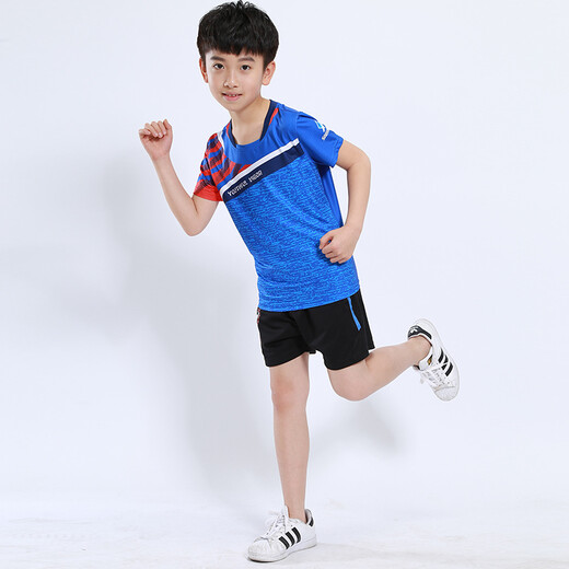 速干儿童羽毛球服套装男童女童短袖夏季中小学生乒乓球服网球服训练服团队运动服比赛队服跑步衣短裤团购印字 童装3880蓝色(男女同款) L码