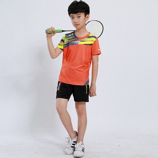 速干儿童羽毛球服套装男童女童短袖夏季中小学生乒乓球服网球服训练服团队运动服比赛队服跑步衣短裤团购印字 童装3879橙色(男女同款) 成人码（请咨询客服）