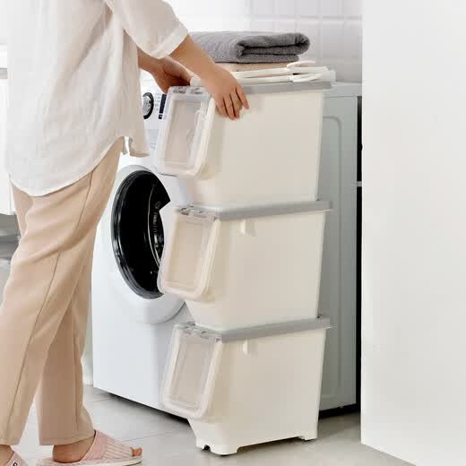 Bailu storage box with front side opening, children's snacks, toys, clothes storage box, plastic with lid, transparent flip-top storage box, mint green small size 3 pack