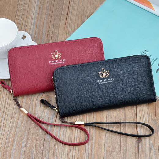 
Simple cloth for women's wallet Valentine's Day women's long fashion Japanese and Korean zipper large capacity lychee pattern leaves women's clutch black