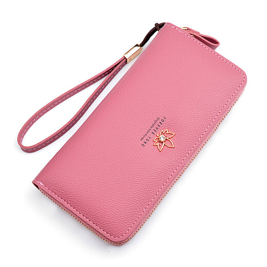 
Simple cloth for women's wallet Valentine's Day women's long fashion Japanese and Korean zipper large capacity lychee pattern leaves women's clutch black
