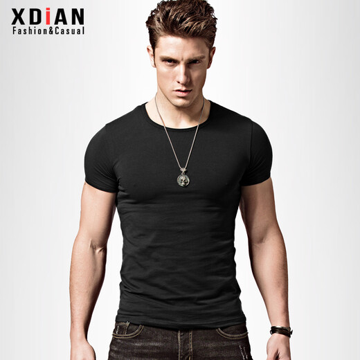 Continued short-sleeved t-shirt for men solid color sports summer casual tight round neck top white slim fit men's T-shirt black XL (175) (135-150Jin Jin is equal to about 0.5 kg)