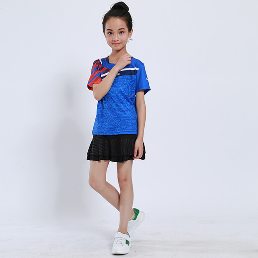 速干儿童羽毛球服套装男童女童短袖夏季中小学生乒乓球服网球服训练服团队运动服比赛队服跑步衣短裤团购印字 童装3880蓝色(配黑裙裤) 2XL码