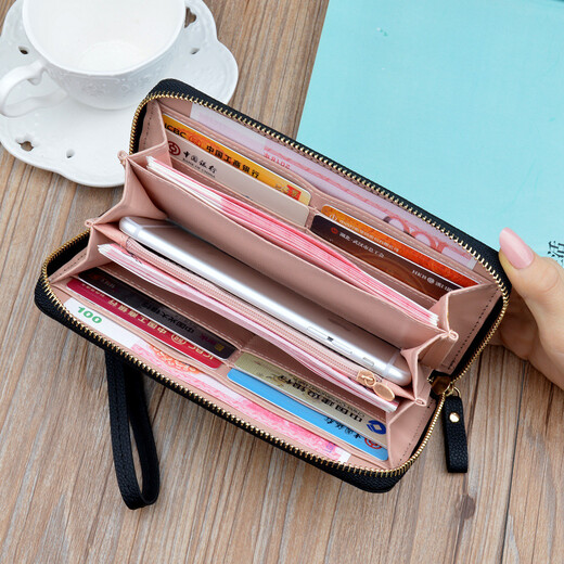 
Simple cloth for women's wallet Valentine's Day women's long fashion Japanese and Korean zipper large capacity lychee pattern leaves women's clutch black