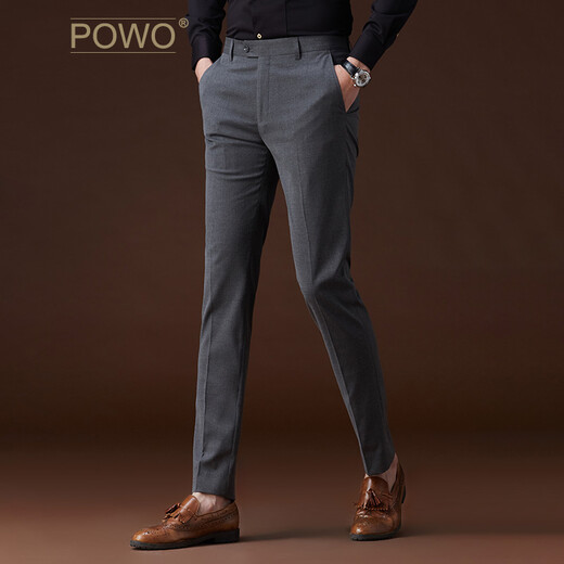 POWO suit pants men's slim gray suit pants business straight formal wear men's work autumn and winter Korean style iron-free suit pants medium gray (autumn and winter style-plain) 32 yards (suitable for 135-145 Jin Jin equals 0.5 kg)