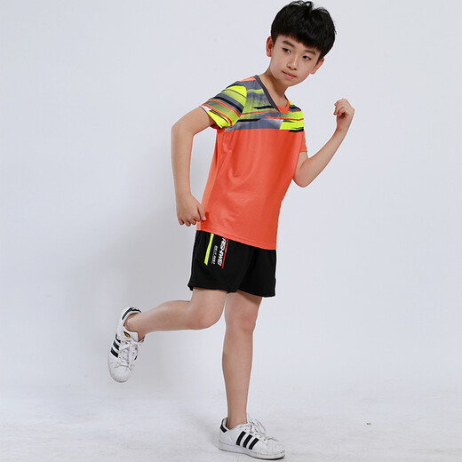速干儿童羽毛球服套装男童女童短袖夏季中小学生乒乓球服网球服训练服团队运动服比赛队服跑步衣短裤团购印字 童装3879橙色(男女同款) 成人码（请咨询客服）