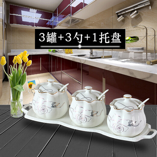 JUNYING household seasoning jar ceramic seasoning jar craft salt shaker with lid three-piece set seasoning box restaurant seasoning utensils square gold 1 jar + 1 lid + 1 spoon