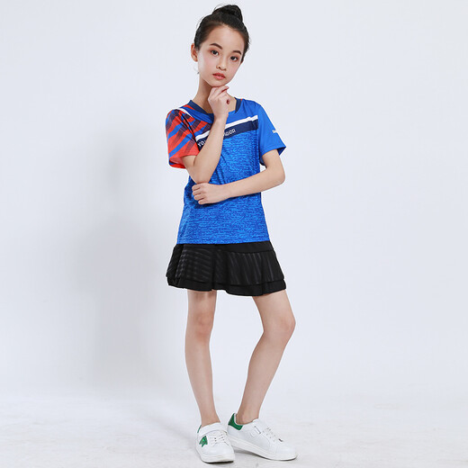速干儿童羽毛球服套装男童女童短袖夏季中小学生乒乓球服网球服训练服团队运动服比赛队服跑步衣短裤团购印字 童装3880蓝色(配黑裙裤) 2XL码