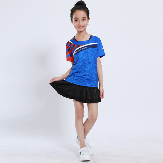 速干儿童羽毛球服套装男童女童短袖夏季中小学生乒乓球服网球服训练服团队运动服比赛队服跑步衣短裤团购印字 童装3880蓝色(配黑裙裤) 2XL码