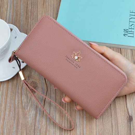 
Simple cloth for women's wallet Valentine's Day women's long fashion Japanese and Korean zipper large capacity lychee pattern leaves women's clutch black