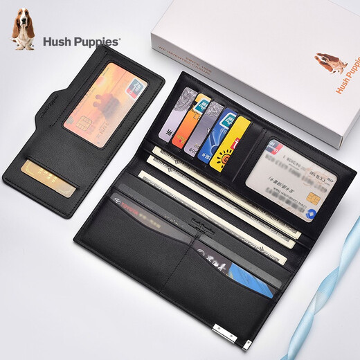 Hush Welpen Herren Brieftasche echtes Leder Langes Geld Chuck Schicht Cowide Money Card Bag Zwei-teilige Set können getrennt werden 213W Schwarz