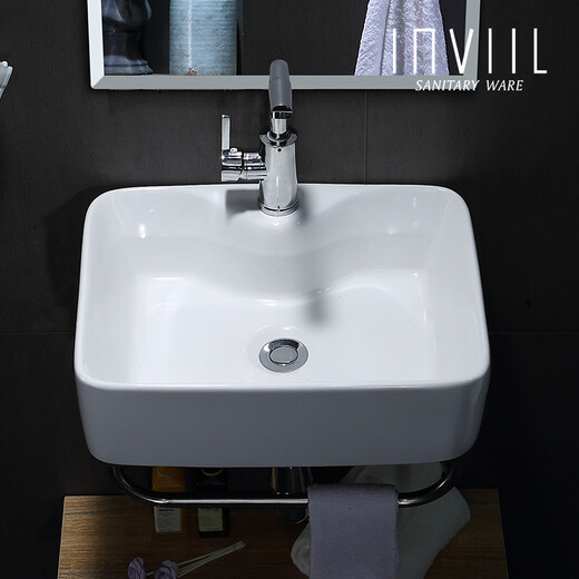 
INVIIL Mini wash basin small bathroom hanging basin balcony children's wash basin ceramic surface pool wall hanging corner CP with holes and bracket 4837+ basin faucet + accessories