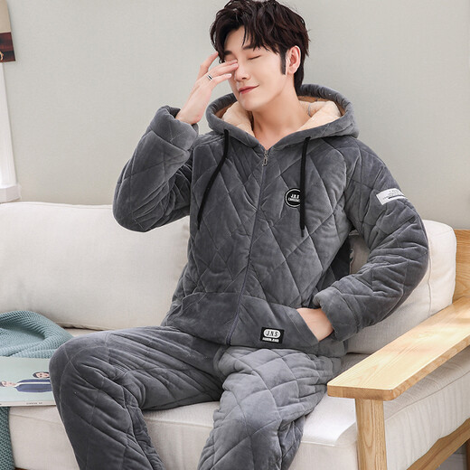 From the heart, cotton pajamas men's winter three-layer thickened warm coral velvet pajamas men's flannel cotton jacket home clothing set CX3103 L height 168-173 weight 100-140Jin [Jin equals 0.5 kg]
