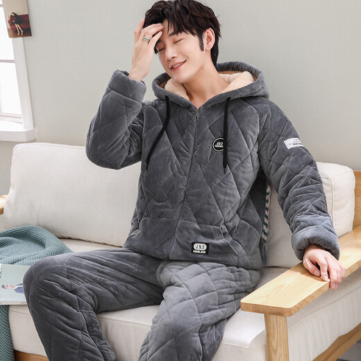 From the heart, cotton pajamas men's winter three-layer thickened warm coral velvet pajamas men's flannel cotton jacket home clothing set CX3103 L height 168-173 weight 100-140Jin [Jin equals 0.5 kg]