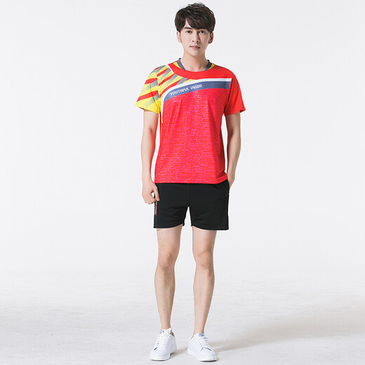 新款羽毛球服运动套装男女款情侣装团队羽毛球队服短袖速干乒乓球服网球服薄款运动衣比赛服定制印字LOGO A3880红色男套装 L
