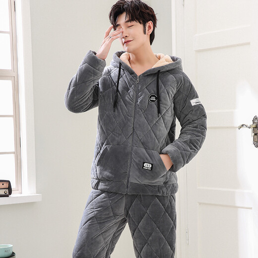 From the heart, cotton pajamas men's winter three-layer thickened warm coral velvet pajamas men's flannel cotton jacket home clothing set CX3103 L height 168-173 weight 100-140Jin [Jin equals 0.5 kg]