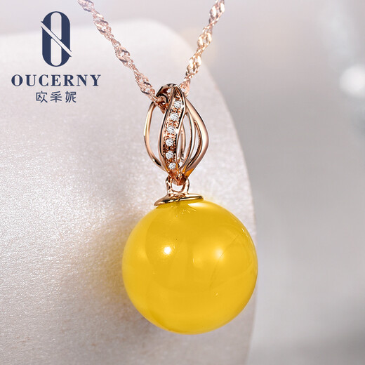 Ouchini beeswax pendant, natural round beads, amber, 18K gold, diamond inlaid, women's pendant (ready stock), free 925 silver chain