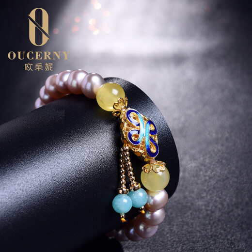 Ouchini Beeswax Bracelet Pearl Natural Amber Cloisonné Enamel Beeswax Bracelet Women's Round Beads Customized Now Wear and Made
