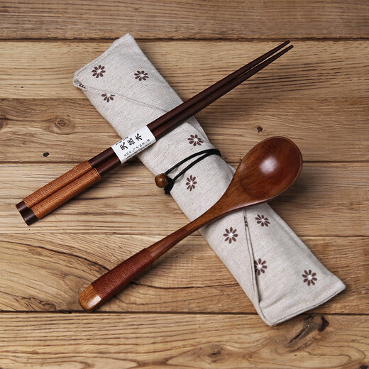 Japanese-style four-season environmental protection set chopsticks spoon fork cloth bag set winding wooden spoon chopstick set Japanese style portable tableware creative gift brown dot bag + chopsticks + spoon (brown) (wheat straw box)