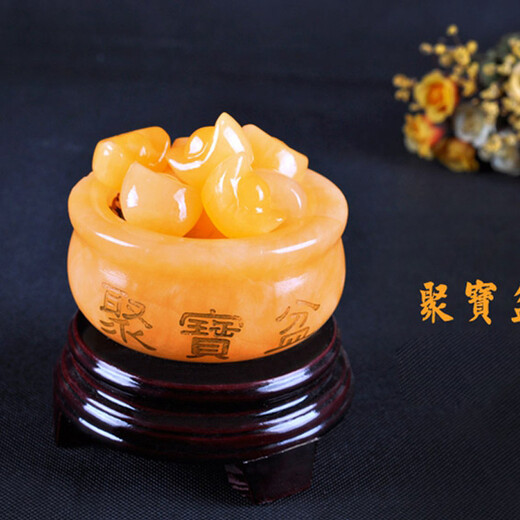 
Qianfurui, treasure pot, wealth-gathering ornaments, natural topaz, large-sized opening craft gifts, 679D3, medium size (base + basin + ingot) diameter 13.3cm