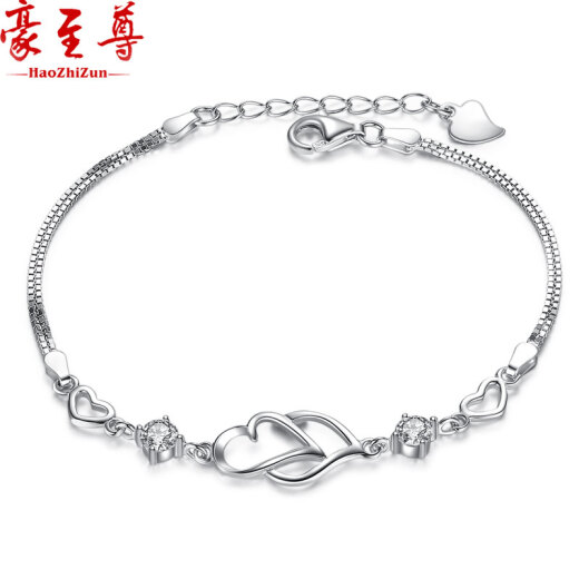 Hao Supreme Selected Heart to Heart Bracelet 925 Silver Bracelet for Women Student Korean Style Love Shaped Hand Jewelry Women's Bracelet Birthday Valentine's Day Chinese Valentine's Day Christmas Gift for Girlfriend Heart to Heart White Silver Bracelet