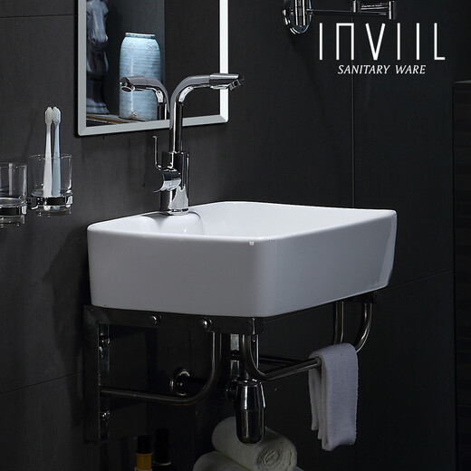 
INVIIL Mini wash basin small bathroom hanging basin balcony children's wash basin ceramic surface pool wall hanging corner CP with holes and bracket 4837+ basin faucet + accessories
