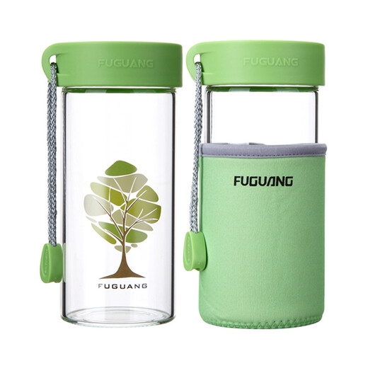 富光单层玻璃杯杯创意带盖带杯套 便携随手玻璃水杯子G1503-380 香蕉黄【杯体图案随机】 380ml