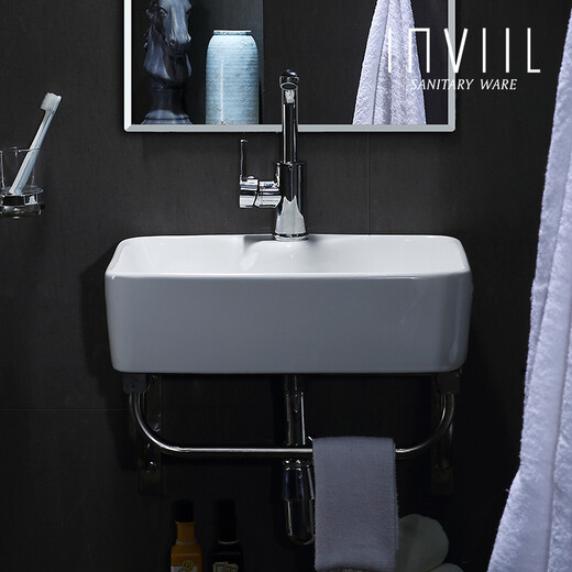
INVIIL Mini wash basin small bathroom hanging basin balcony children's wash basin ceramic surface pool wall hanging corner CP with holes and bracket 4837+ basin faucet + accessories
