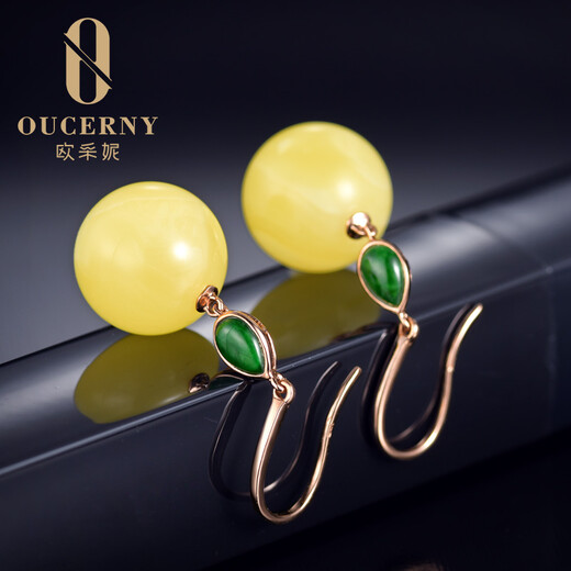 Ou Ceni beeswax earrings 18K gold inlaid with jade natural amber beeswax bead earrings beeswax earrings (requires 5-7 working days for customization)