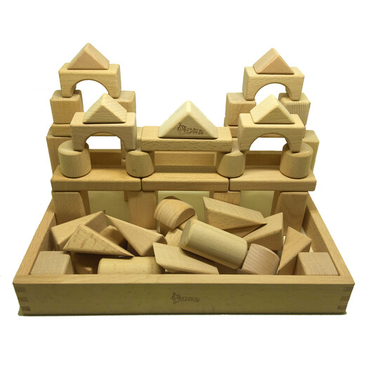 Prince Mom’s original wooden building blocks solid wood assembled and constructed to bite kindergarten children, babies, children toys 1-6 years old 72 pieces of smart building blocks + wooden box (no paint)
