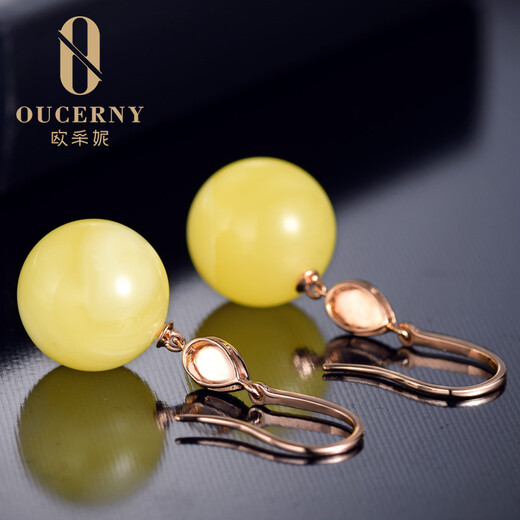 Ou Ceni beeswax earrings 18K gold inlaid with jade natural amber beeswax bead earrings beeswax earrings (requires 5-7 working days for customization)