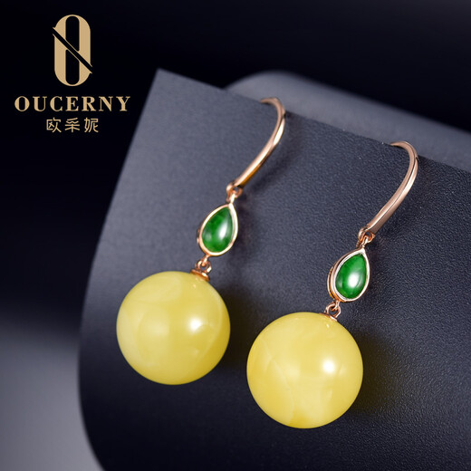 Ou Ceni beeswax earrings 18K gold inlaid with jade natural amber beeswax bead earrings beeswax earrings (requires 5-7 working days for customization)