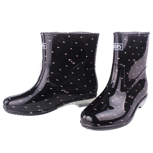 Pull-back rain boots for women, fashionable outdoor medium-length waterproof rain boots, rubber shoes, rain boots overshoes, HXL523 pink dot black 37