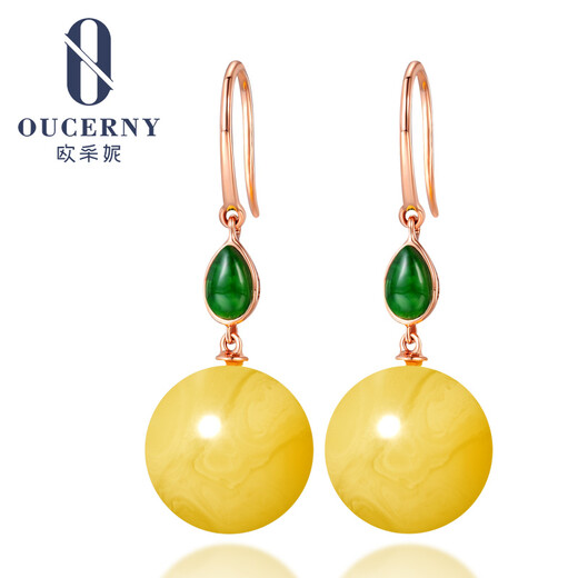 Ou Ceni beeswax earrings 18K gold inlaid with jade natural amber beeswax bead earrings beeswax earrings (requires 5-7 working days for customization)