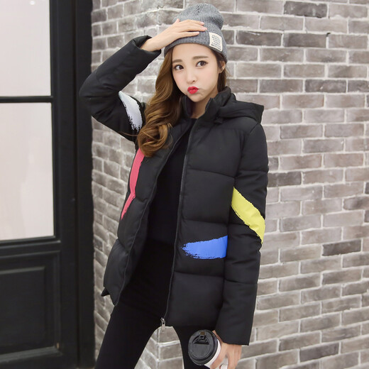 Jiayi Famous Korean Style Women's Thickened Casual Printed Short Hooded Cotton Jacket W4161 Blue XXL