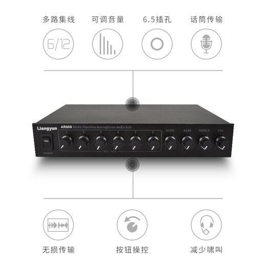 靓韵 麦克风话筒集线器6路12路6.5插孔会议系统扩展器功放混音器分支器莲花音频输出控制音量混音器 黑色12路集线器