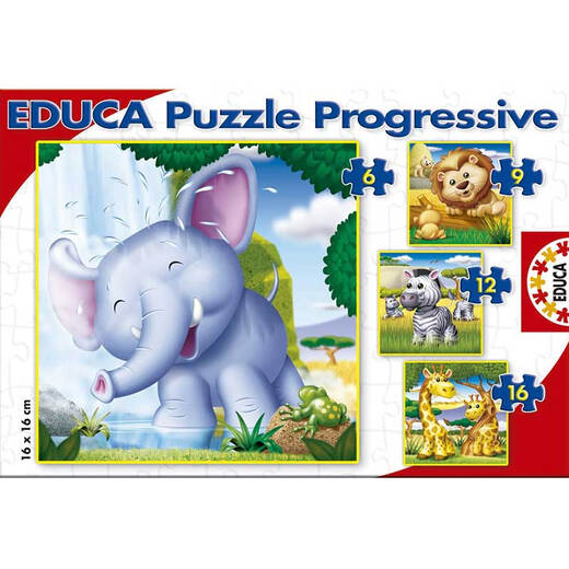 EDUCA西班牙进口儿童拼图 6,9,12,16片 4付装 可爱的动物15619