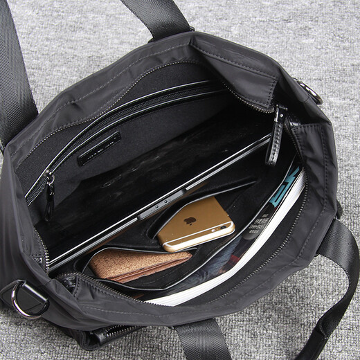 Ximulang new men's bag horizontal handbag casual men's Korean style crossbody canvas Oxford cloth shoulder bag business briefcase fashion computer bag 1006 black - waterproof cloth + first layer cowhide
