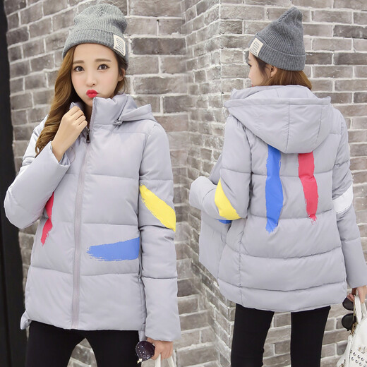 Jiayi Famous Korean Style Women's Thickened Casual Printed Short Hooded Cotton Jacket W4161 Blue XXL