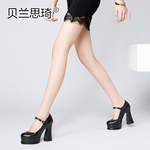 Belan Siqi Frühlings- und Herbst-Neues Top Cowhide One-Strip Runde Zehen wasserdichte Plattform Dicke Absatz Single Schuhe Frauen High Heels Dicke Sohle Schuhe 683 Schwarz 39