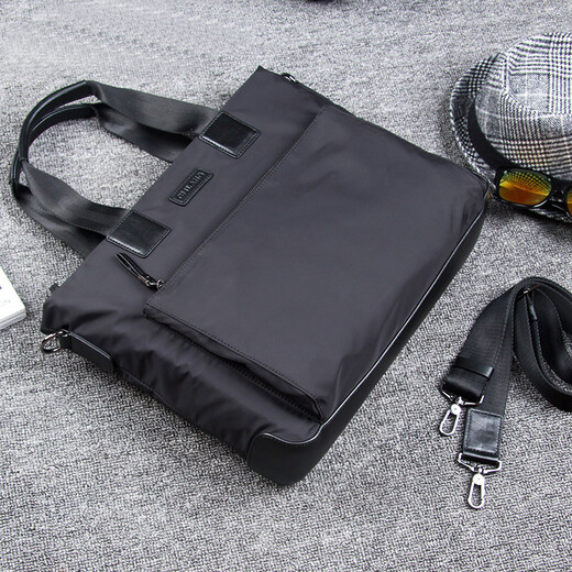 Ximulang new men's bag horizontal handbag casual men's Korean style crossbody canvas Oxford cloth shoulder bag business briefcase fashion computer bag 1006 black - waterproof cloth + first layer cowhide