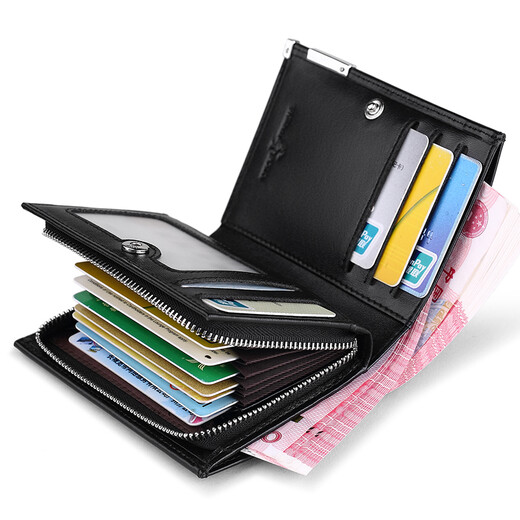 Kaiser Paul Williampolo Herren Kurzer Brieftasche echtes Leder Multifunktionaler Reißverschluss Kopfschicht Cowhide Wallet Herren-Kartenbeutel Schwarz