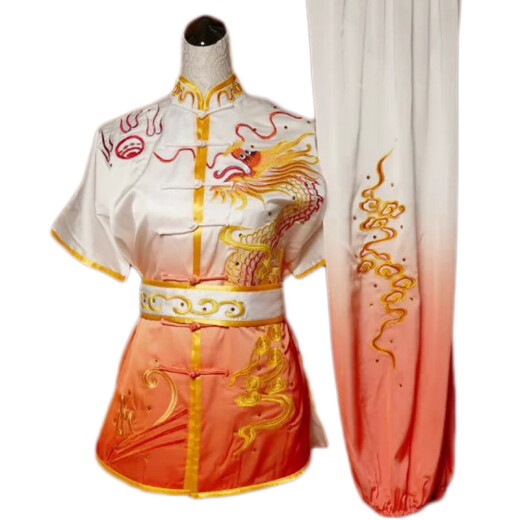 Professional martial arts performance clothing, embroidered children's kung fu training clothing, adult custom-made gradient summer short-sleeved large-scale competition clothing, martial arts school uniforms, white and orange gradient, one-size-fits-all customization