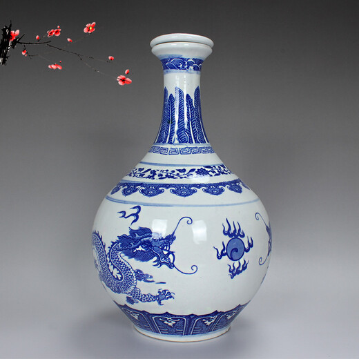 Xindeheng Jingdezhen Ceramics 5 Jin Jin equals 0.5 kg, blue and white porcelain sealed long neck flat lid wine bottle, cool bottle wine jar, double dragons playing with beads 3 Jin Jin equals 0.5 kg, blue and white porcelain tower (with base lock)