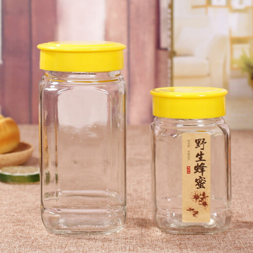 Liuyang large and small octagonal honey bottle glass bottle pickle jam bottle sealed jar honey bottle 1Jin Jin equals 0.5kg, 1 yellow lid 360ml