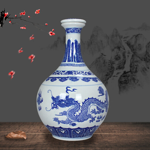 Xindeheng Jingdezhen Ceramics 5 Jin Jin equals 0.5 kg, blue and white porcelain sealed long neck flat lid wine bottle, cool bottle wine jar, double dragons playing with beads 3 Jin Jin equals 0.5 kg, blue and white porcelain tower (with base lock)