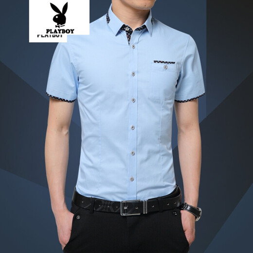 Playboy 2017 summer new style casual business slim men's lapel solid color short-sleeved shirt QT5037H2309 light blue XL