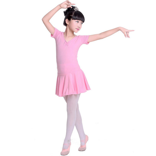 驰动儿童舞蹈服女童练功服春夏短袖考级服装连体服棉芭蕾舞裙粉色3XL